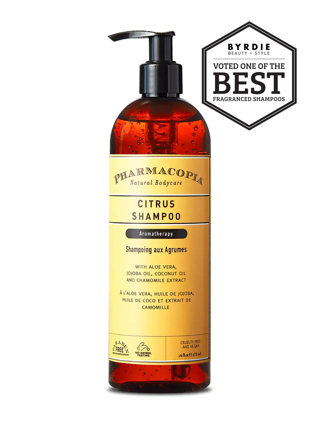 A bottle of Pharmacopia Citrus Shampoo with a black 'Byrdie Best Fragranced Shampoo' badge in the top right corner.