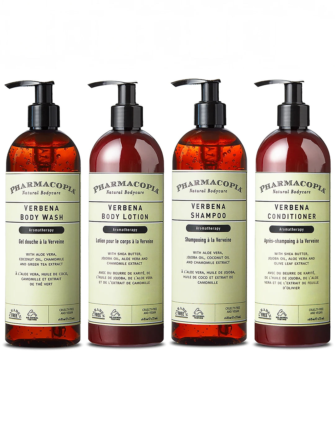 Four bottles of PHARMACOPIA hair and body products: Verbena Body Wash, Verbena Body Lotion, Verbena Shampoo, and Verbena Conditioner.